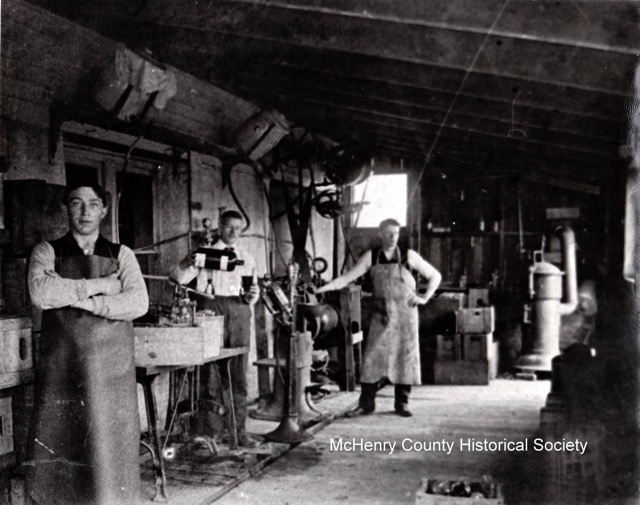 McHenry Brewery, corner of Pearl & Green Sts., 1914. L-R: G.C. &ldquo;Patsy&rdquo; Boley, Michael L. Worts and Peter Worts. Built in 1869 by George Gribbler and closed in 1943.